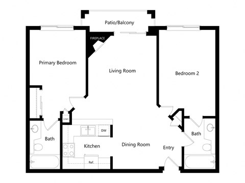 Floor plan for 2 beds, 2 baths, 853 sqft